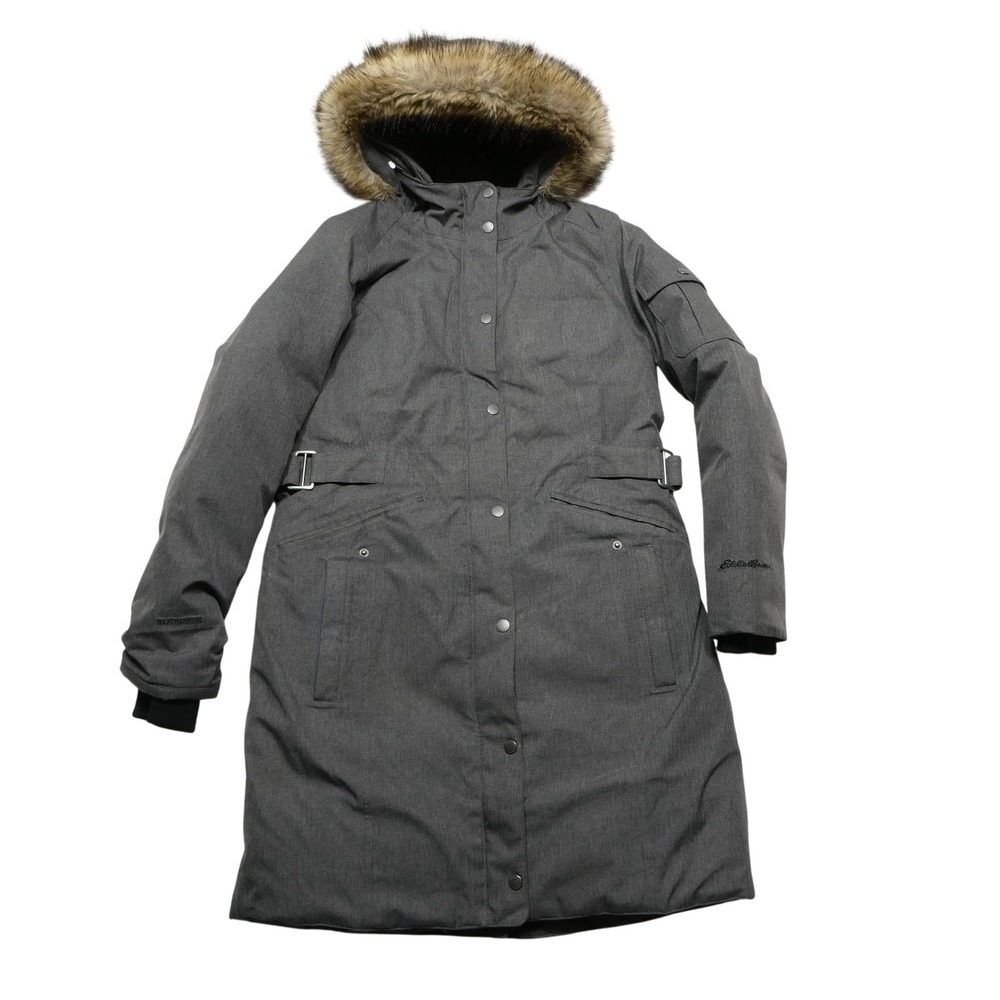 Eddie Bauer Coat Womens Medium Gray WeatherEdge Parka‎ Fur Hood Belted Down